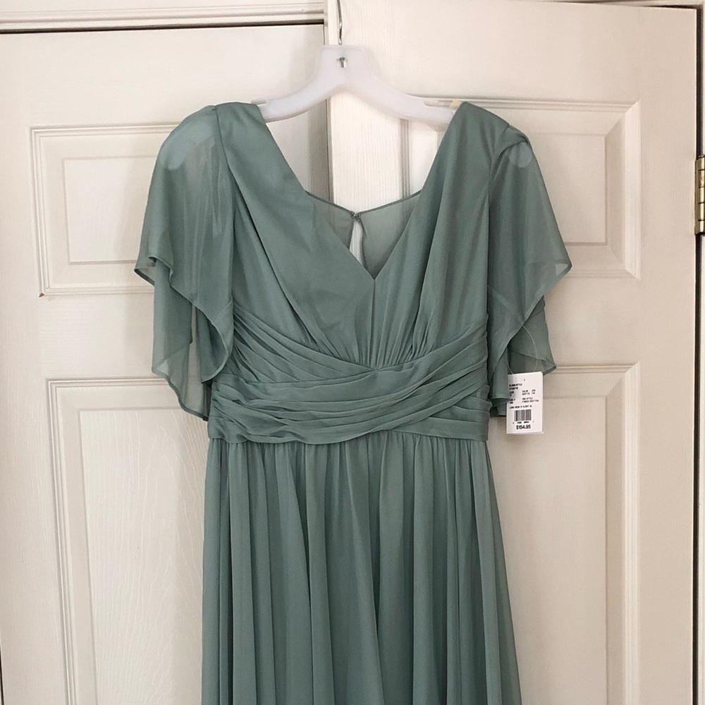 David’s Bridal, crisscross mesh flutter sleeve, dusty sage, size 12
